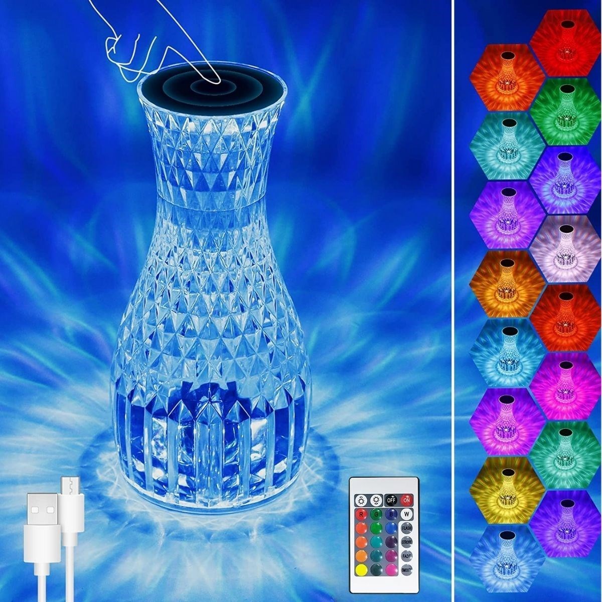 ANKAVERSE® Kristal Sürahi LED Lamba - USB Şarjlı, 16 Işık Modu