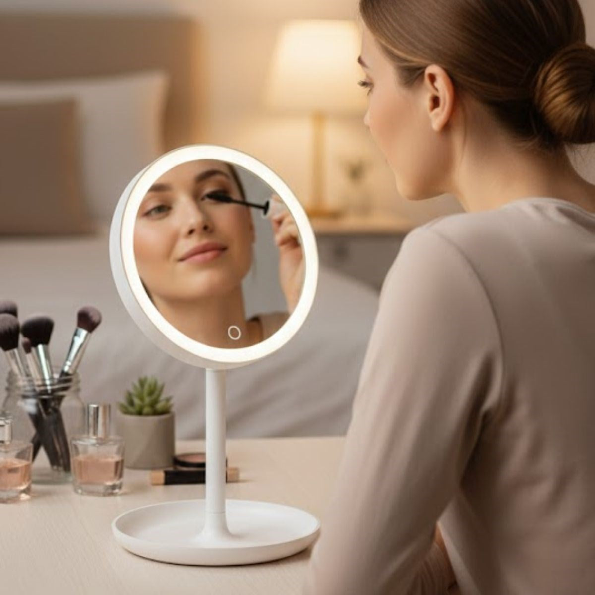 ANKAVERSE® LED Işıklı Yuvarlak Makyaj Aynası – Dokunmatik Ayarlanabilir Işık Tonlu, 360° Döner Masaüstü Profesyonel Makyaj ve Cilt Bakım Aynası
