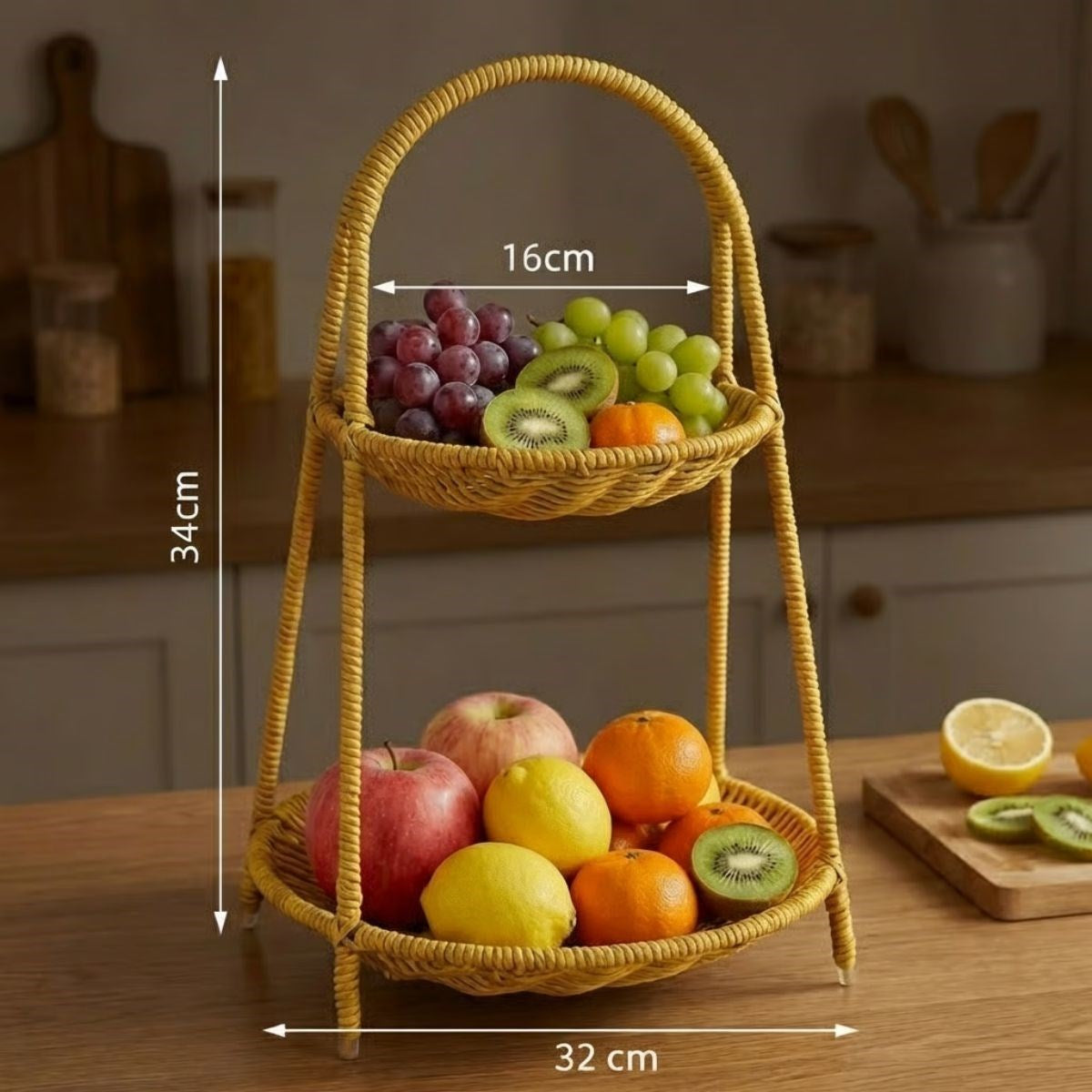 ANKAVERSE® Plastik Rattan İki Katlı Sunumluk–Dekoratif Organizer, Mutfak Meyve,Sebze Sepeti, Banyo Düzenleyici Raf,Masaüstü Çok Amaçlı Sunum Standı