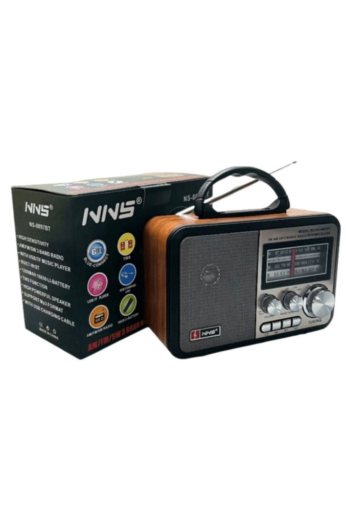 ANKAVERSE® Orta Boy Retro, Nostaljik, Ahşap Tasarım Bluetooth Hoparlörlü, Şarjlı, Taşınabilir FM/AM Destekli Radyo NS-8897