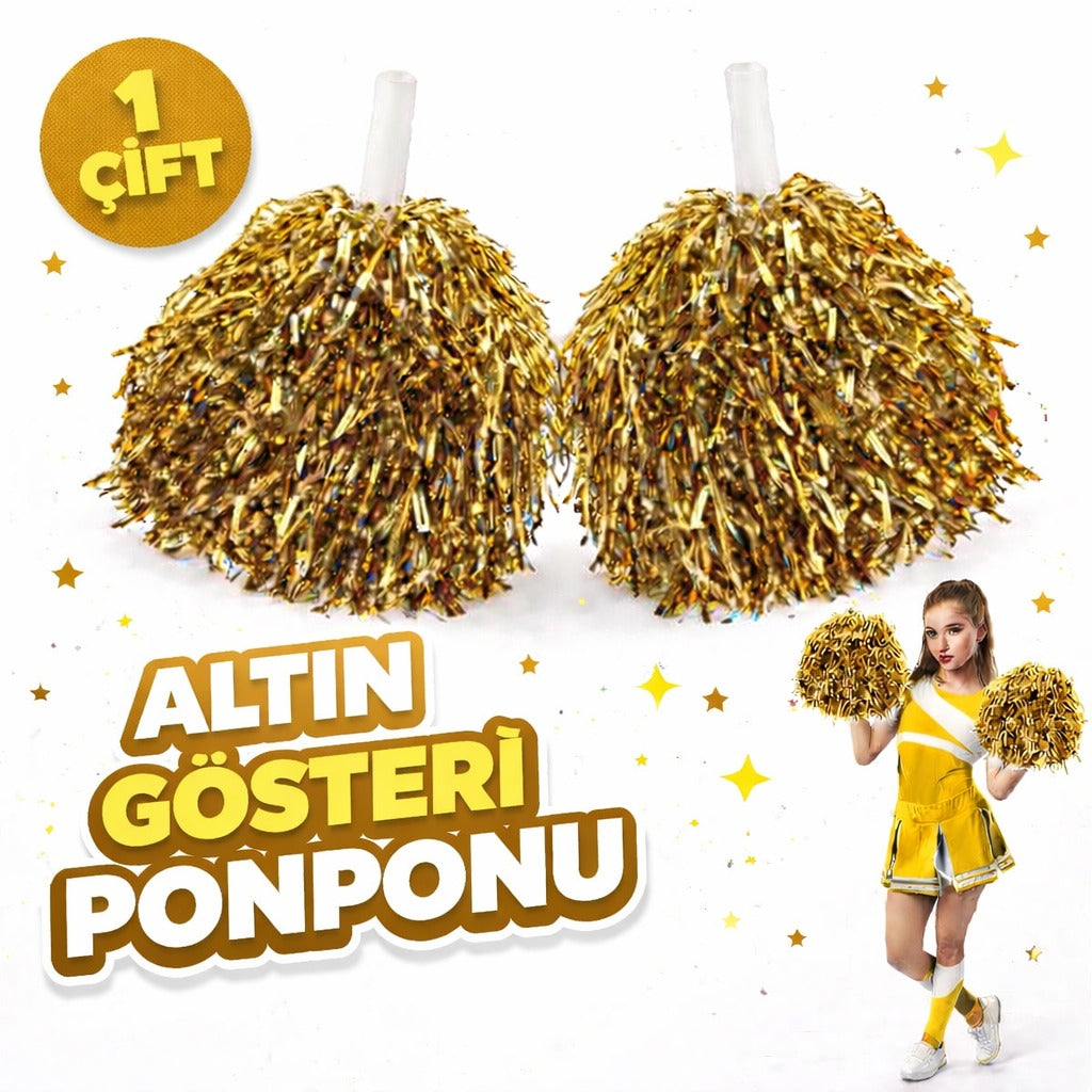 1 Çift ( 2 Adet ) Altın Renk 23 Nisan 19 Mayıs 29 Ekim Okul Gösteri Ponponları Ekstra Dolgun (5286)