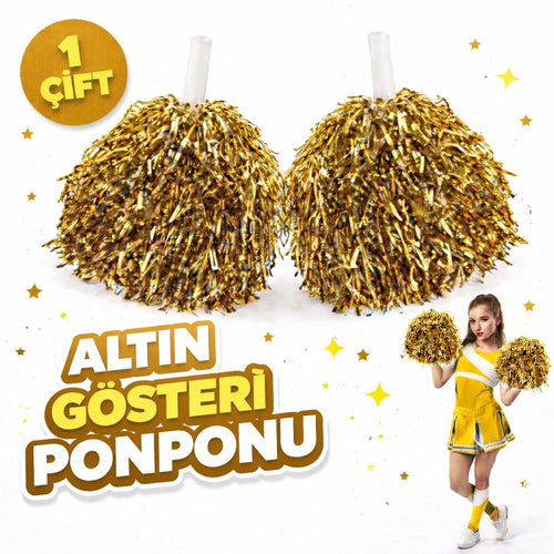 1 Çift ( 2 Adet ) Altın Renk 23 Nisan 19 Mayıs 29 Ekim Okul Gösteri Ponponları Ekstra Dolgun (5286)