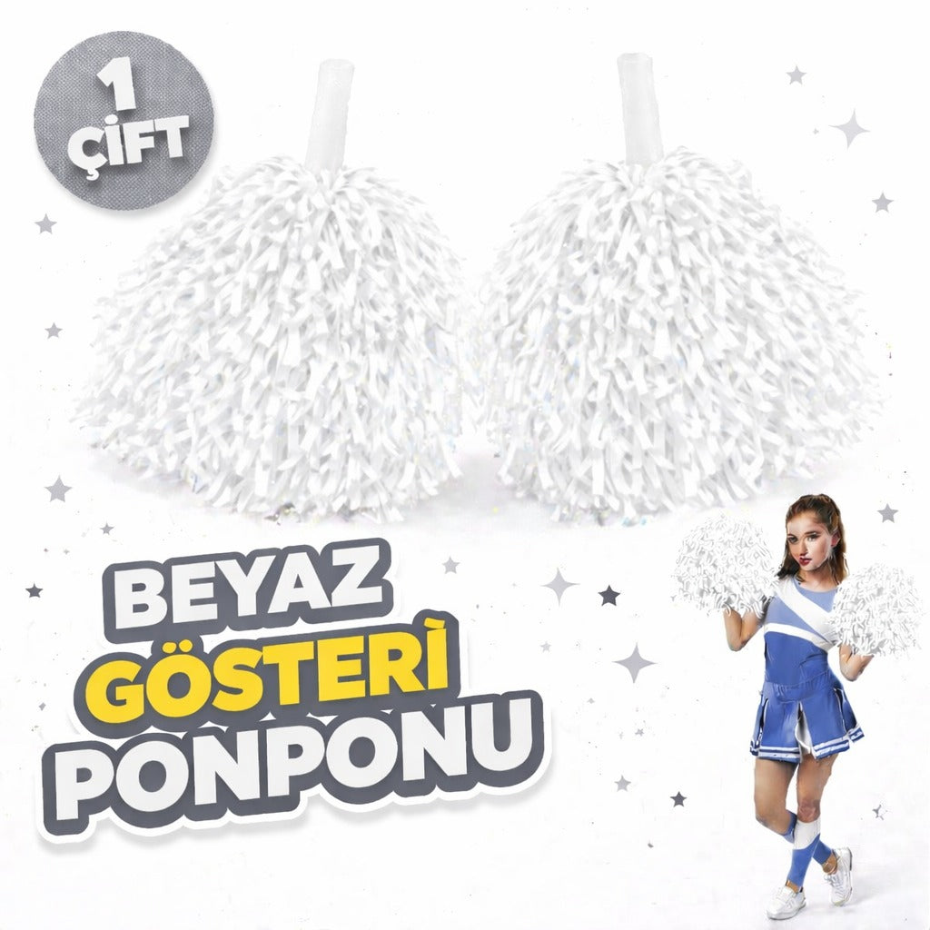 1 Çift ( 2 Adet ) Beyaz Renk 23 Nisan 19 Mayıs 29 Ekim Okul Gösteri Ponponları Ekstra Dolgun (5286)