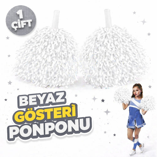1 Çift ( 2 Adet ) Beyaz Renk 23 Nisan 19 Mayıs 29 Ekim Okul Gösteri Ponponları Ekstra Dolgun (5286)