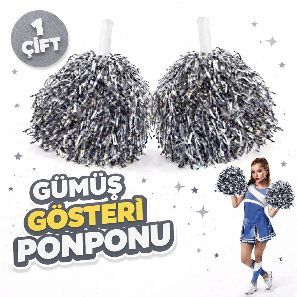 1 Çift ( 2 Adet ) Gümüş Renk 23 Nisan 19 Mayıs 29 Ekim Okul Gösteri Ponponları Ekstra Dolgun (5286)