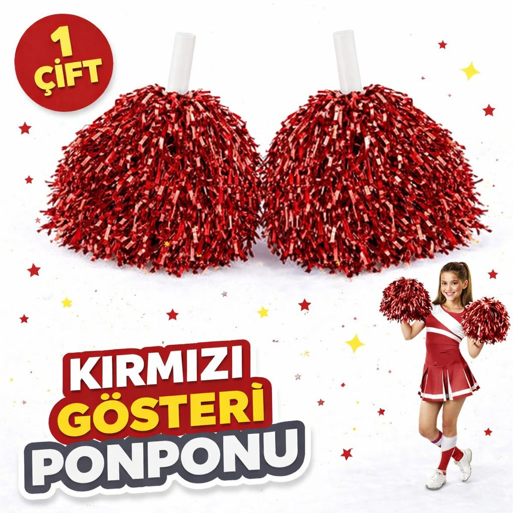 1 Çift ( 2 Adet ) Kırmızı Renk 23 Nisan 19 Mayıs 29 Ekim Okul Gösteri Ponponları Ekstra Dolgun (5286)