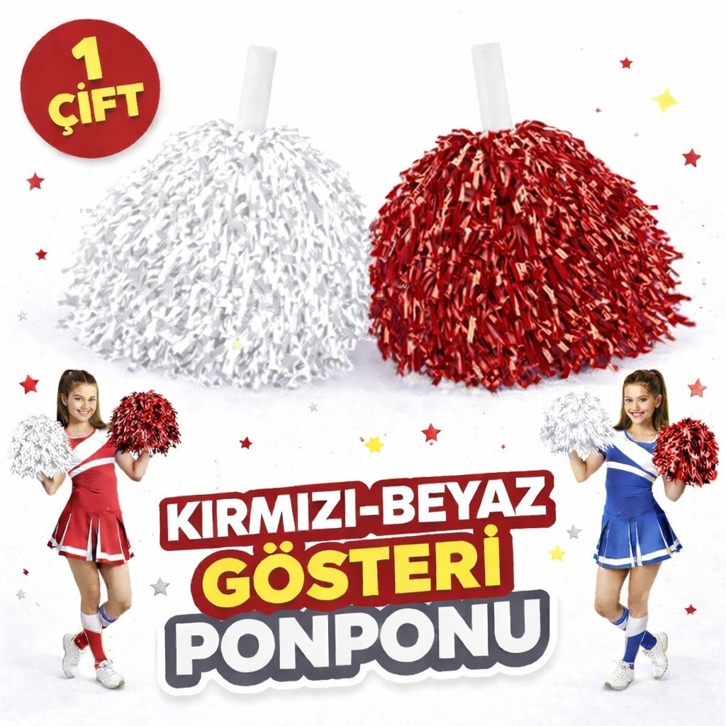 1 Çift ( 2 Adet ) Kırmızı-Beyaz Renk 23 Nisan 19 Mayıs 29 Ekim Okul Gösteri Ponponları Ekstra Dolgun (5286)