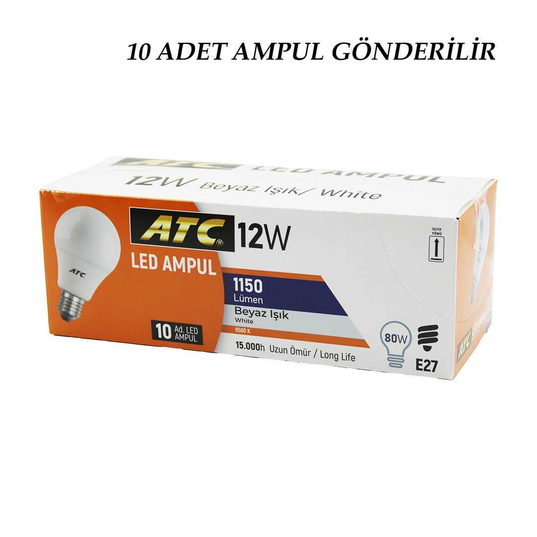 10 ADET ATC 12W=80W E27 BEYAZ=6500K LED AMPUL LAMBA 1150 LÜMEN 15.000 SAAT ÖMÜR (5286)