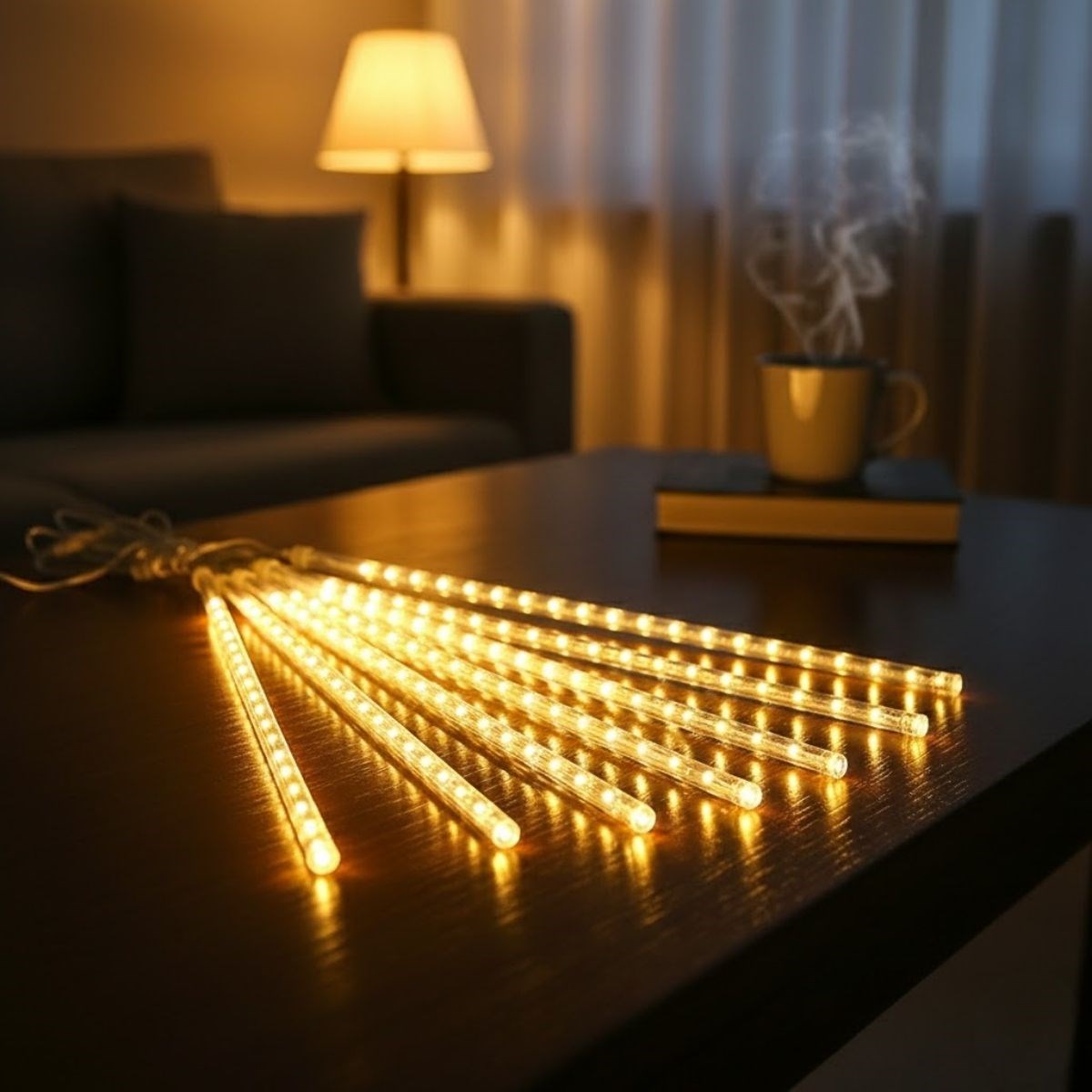 10'lu 45 cm Plastik Meteor LED USB 2M Kablo Sarı Renk Ağaç Işığı – Renk Değiştiren Asmalı Dekoratif Bahçe ve Dış Mekan Aydınlatması (5286)