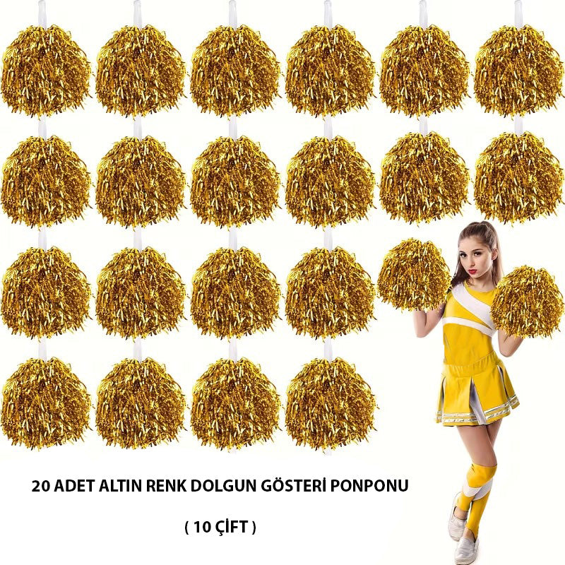 10 Çift ( 20 Adet ) Altın Renk 23 Nisan 19 Mayıs 29 Ekim Okul Gösteri Ponponları (5286)