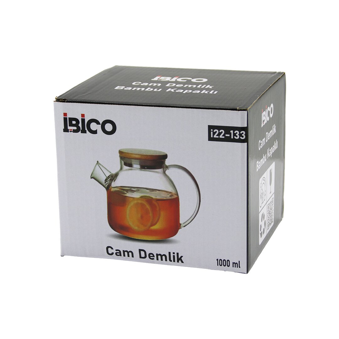 1000ML SADE DÜZ CAM DEMLİK  BAMBU DIŞ YÜZEY - METAL İÇ YÜZEY - SİLİKON CONTALI KAPAK (5286)