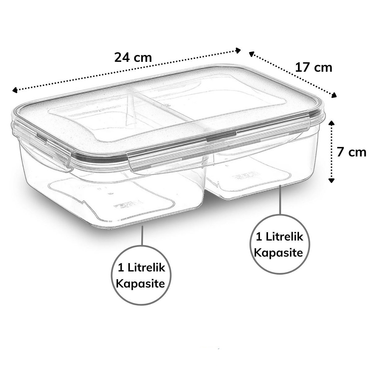 2 Bölmeli 1+1 Litre Kilitli Kapaklı Erzak Saklama Kabı LC-525 (5286)