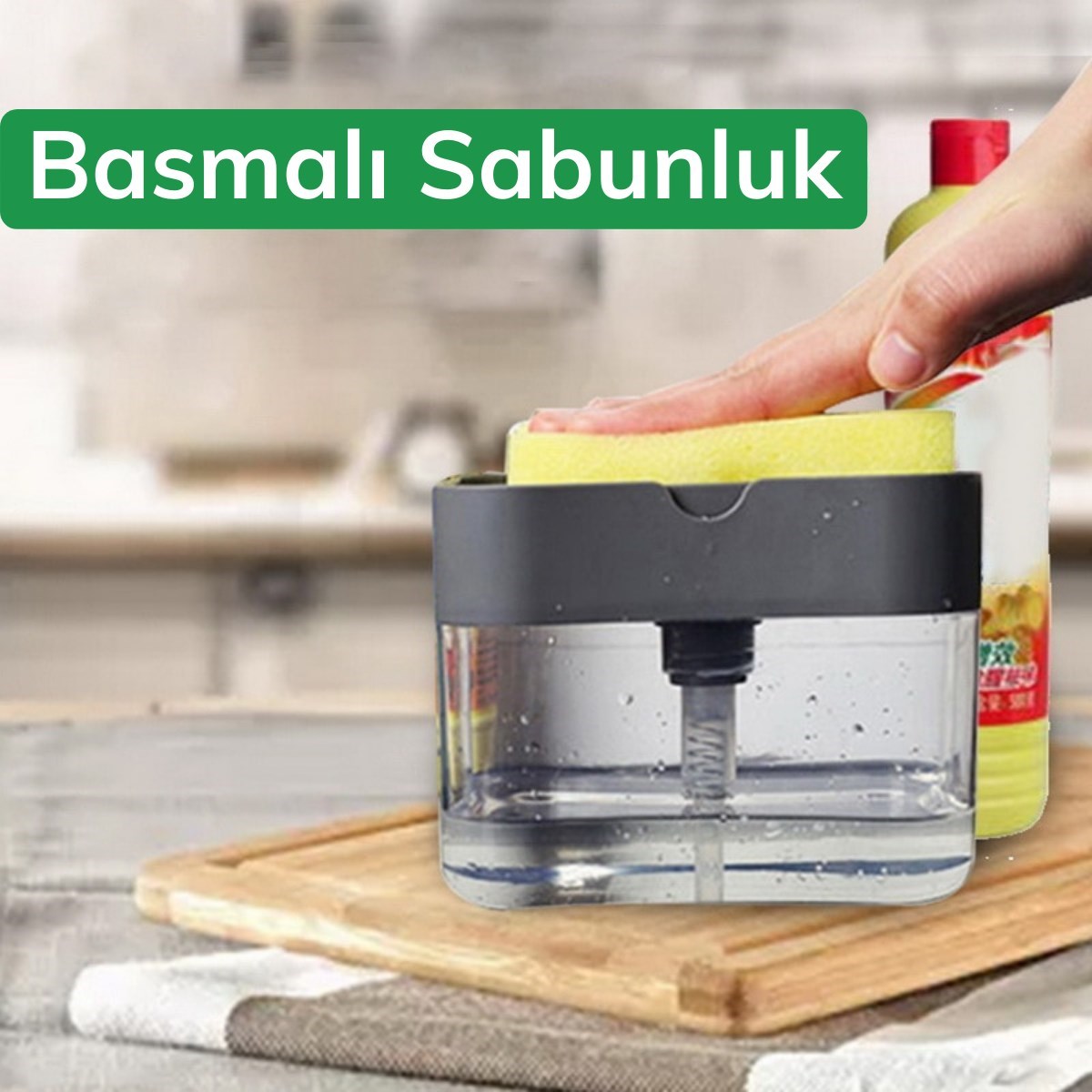 İkisi Bir Arada Basmalı Pratik Sıvı Sabunluk Pompası ve Bulaşık Yıkama Süngeri Haznesi (5286)