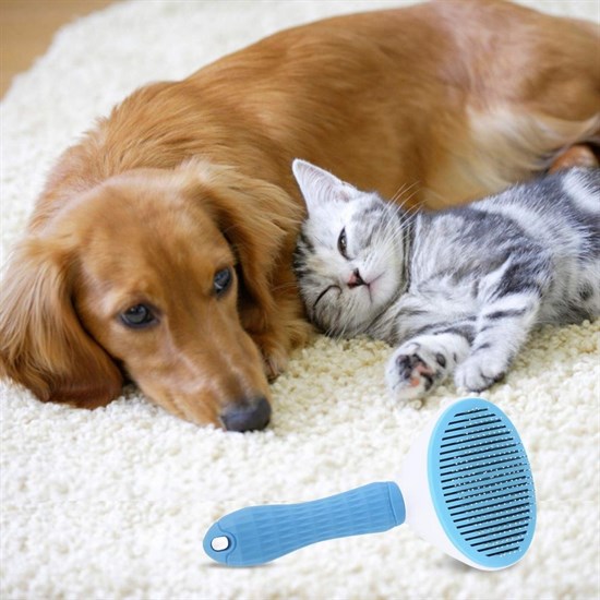Kedi Köpek Tüy Toplayıcı Kendini Temizleyebilen Ergonomik Saplı Evcil Hayvan Tarağı Mavi (5286)