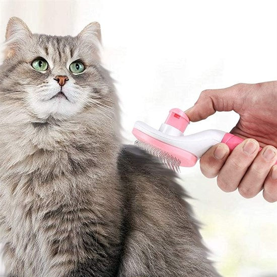Kedi Köpek Tüy Toplayıcı Kendini Temizleyebilen Ergonomik Saplı Evcil Hayvan Tarağı Pembe (5286)