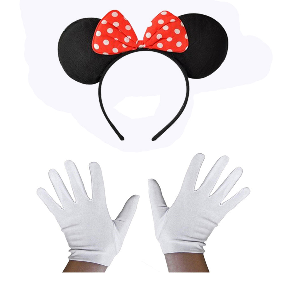 Kırmızı Fiyonklu Minnie Mouse Tacı ve Beyaz Eldiven Seti (5286)