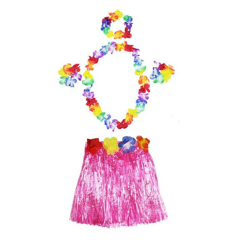 Luau Aloha Hawaii  Kolye Etek Taç ve Bileklik Seti Pembe (5286)