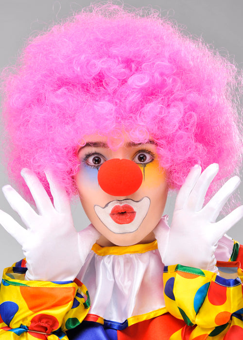 Pembe Renk Kıvırcık Afro Bonus Peruk Takma Saç ve Kırmızı Burun Seti (5286)
