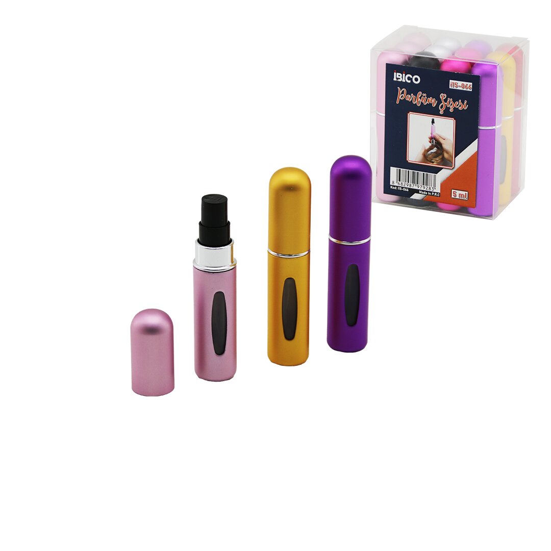 12 ADET MİNİ=CEP - ÇANTA BOY BOŞ SPREY PARFÜM ŞİŞESİ 5ML RENKLİ PLS. SEVİYE PENCERELİ (5286)