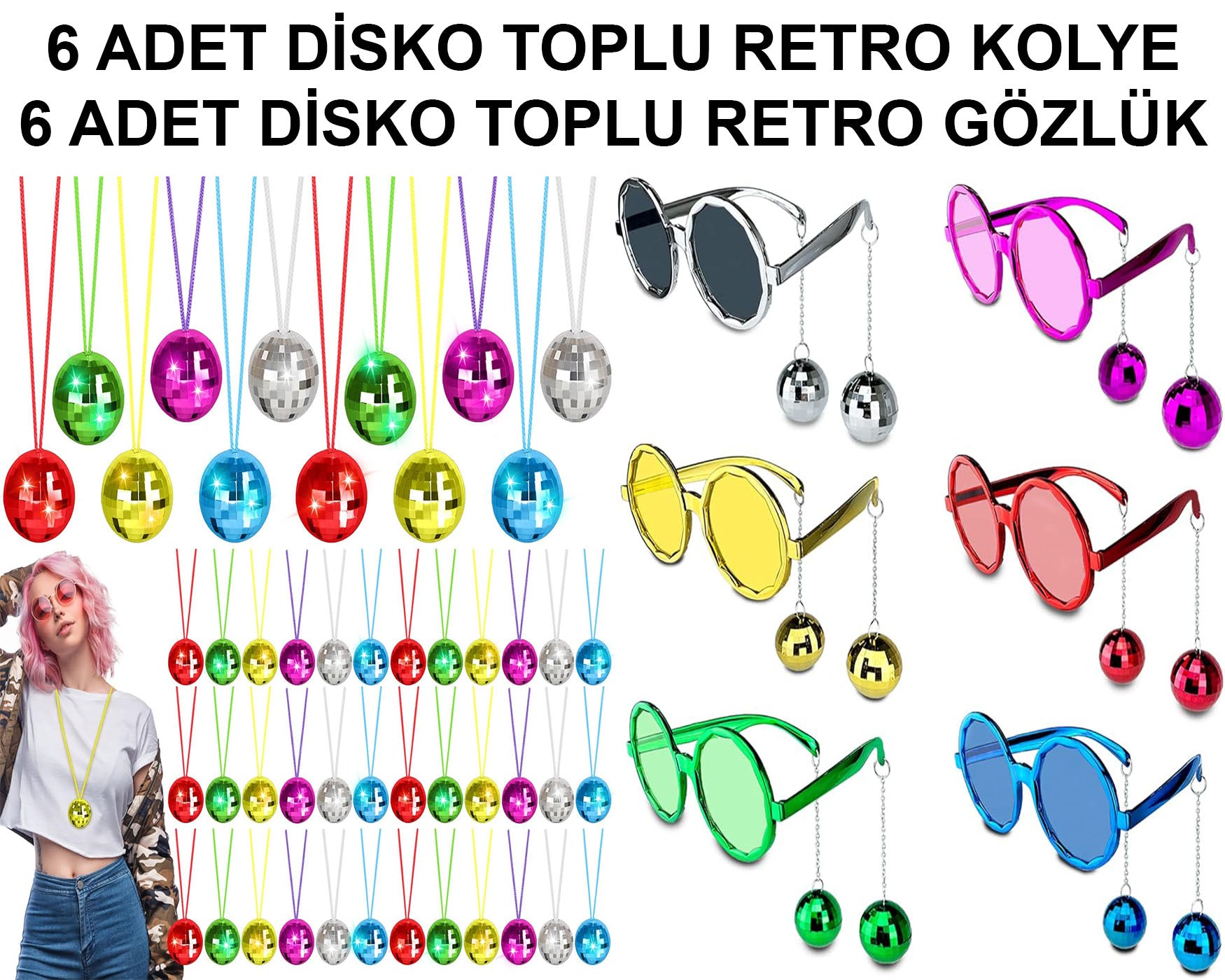 12 Parça Renkli Disko Toplu Retro Parti Seti - 6 Kolye + 6 Gözlük (5286)