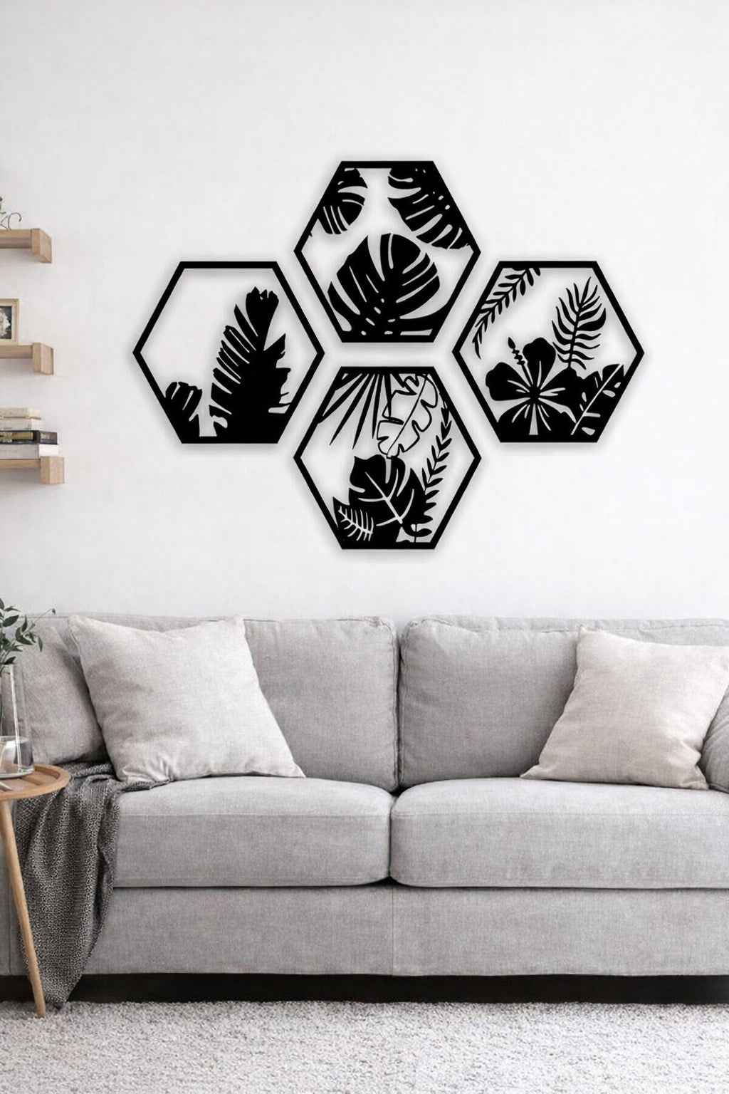 HexaLeaf – Tropikal Yaprak Desenli Altıgen Ahşap Duvar Dekoru