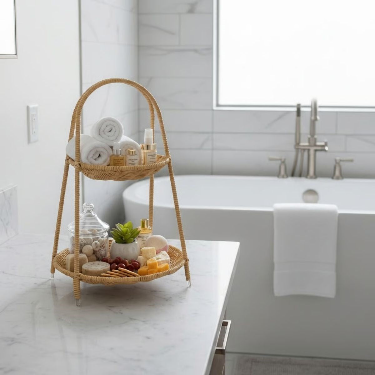 ANKAVERSE® Plastik Rattan İki Katlı Sunumluk–Dekoratif Organizer, Mutfak Meyve,Sebze Sepeti, Banyo Düzenleyici Raf,Masaüstü Çok Amaçlı Sunum Standı