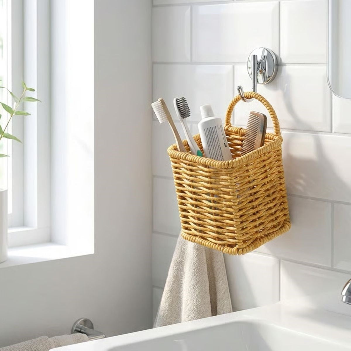 ANKAVERSE® Kare Hasır Dokulu Plastik Rattan Kaşıklık & Çatallık – Askılı Kendiliğinden Tutmalı Çok Amaçlı Mutfak Organizeri