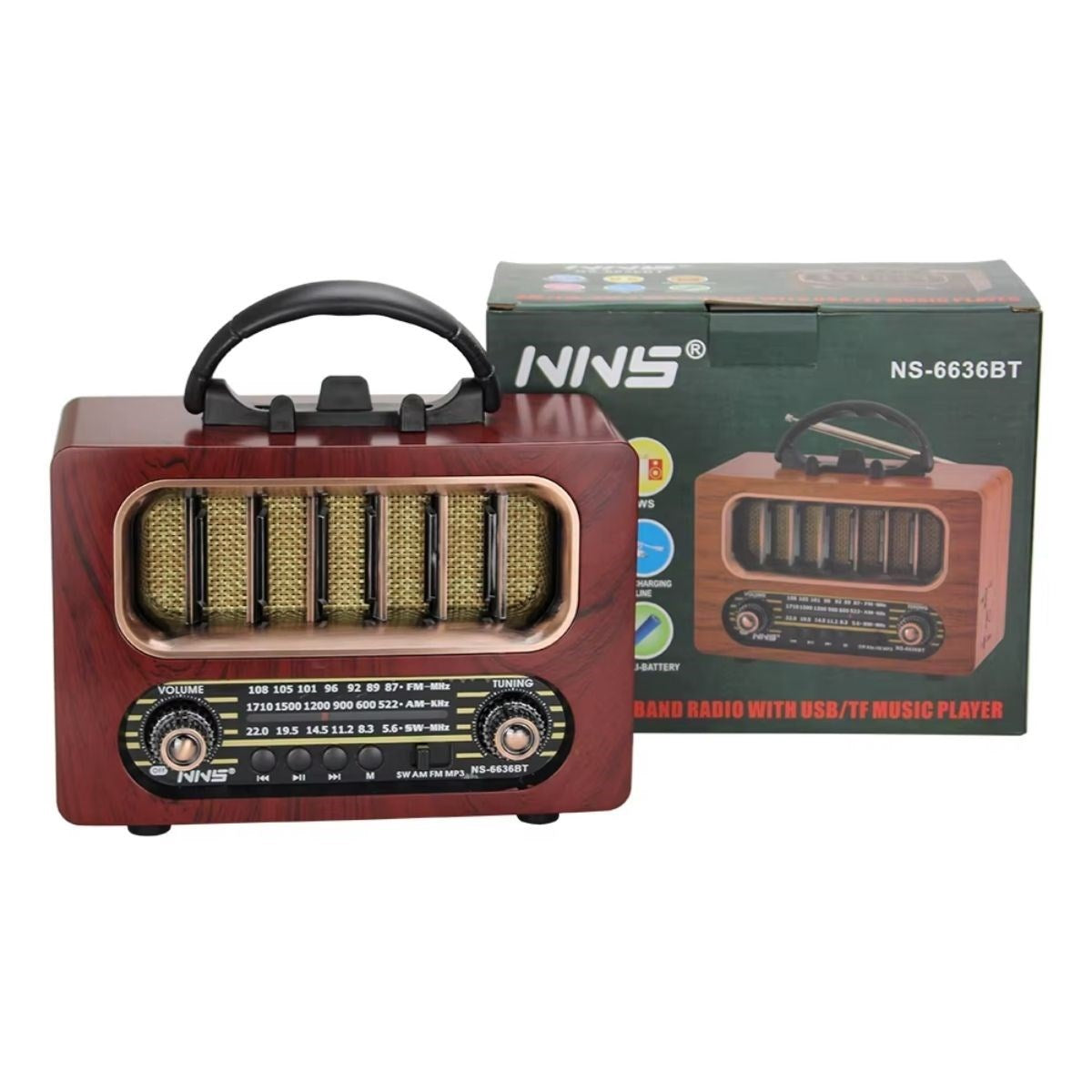 ANKAVERSE® Orta Boy Retro Ahşap Tasarım Bluetooth Hoparlörlü Radyo - FM/AM Destekli, Şarjlı ve Taşınabiliri Radyo NS-6636