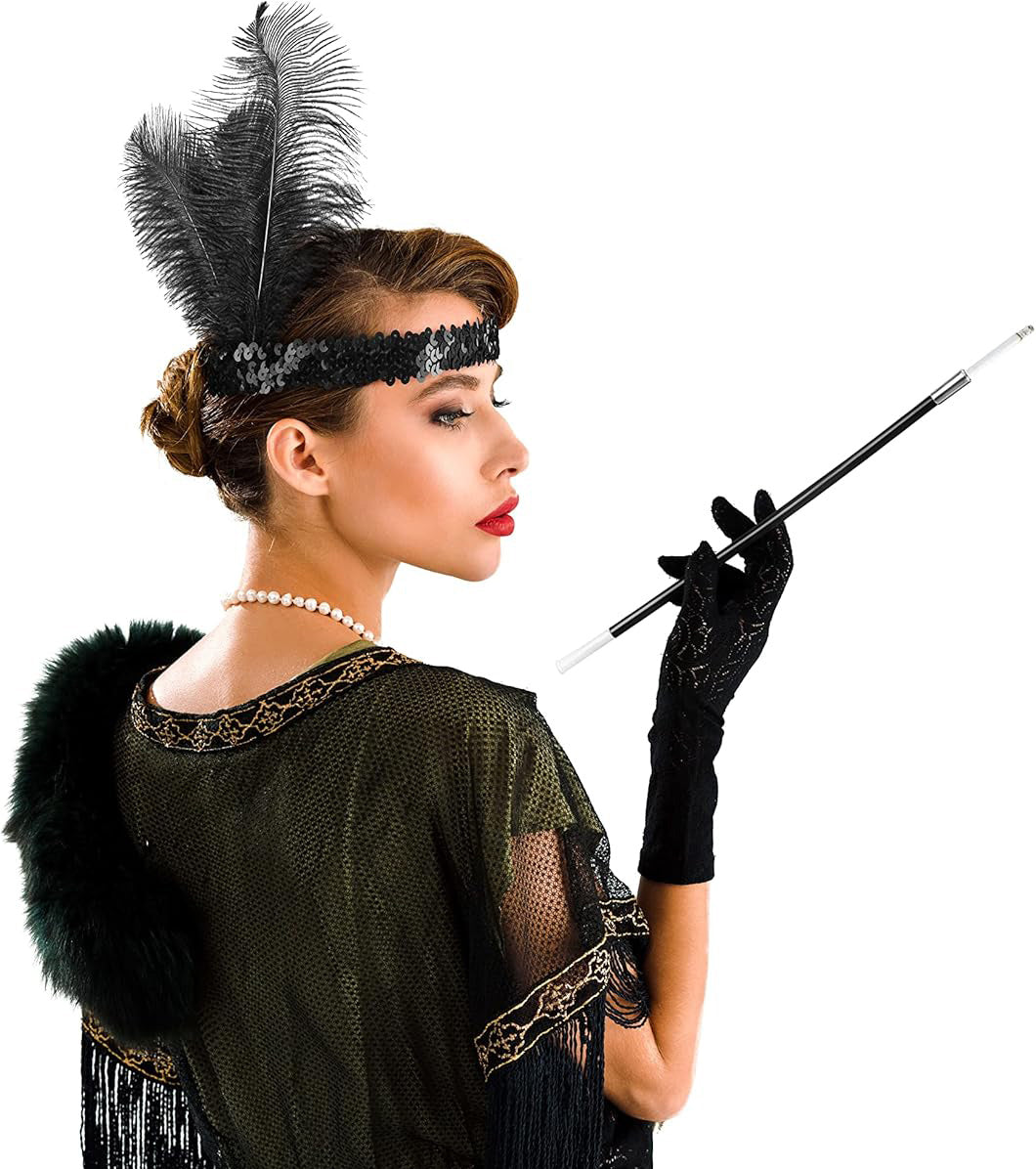 1920'ler Gatsby Aksesuar Seti - Siyah Charleston Saç Bandı &amp; Sigaralık (5286)