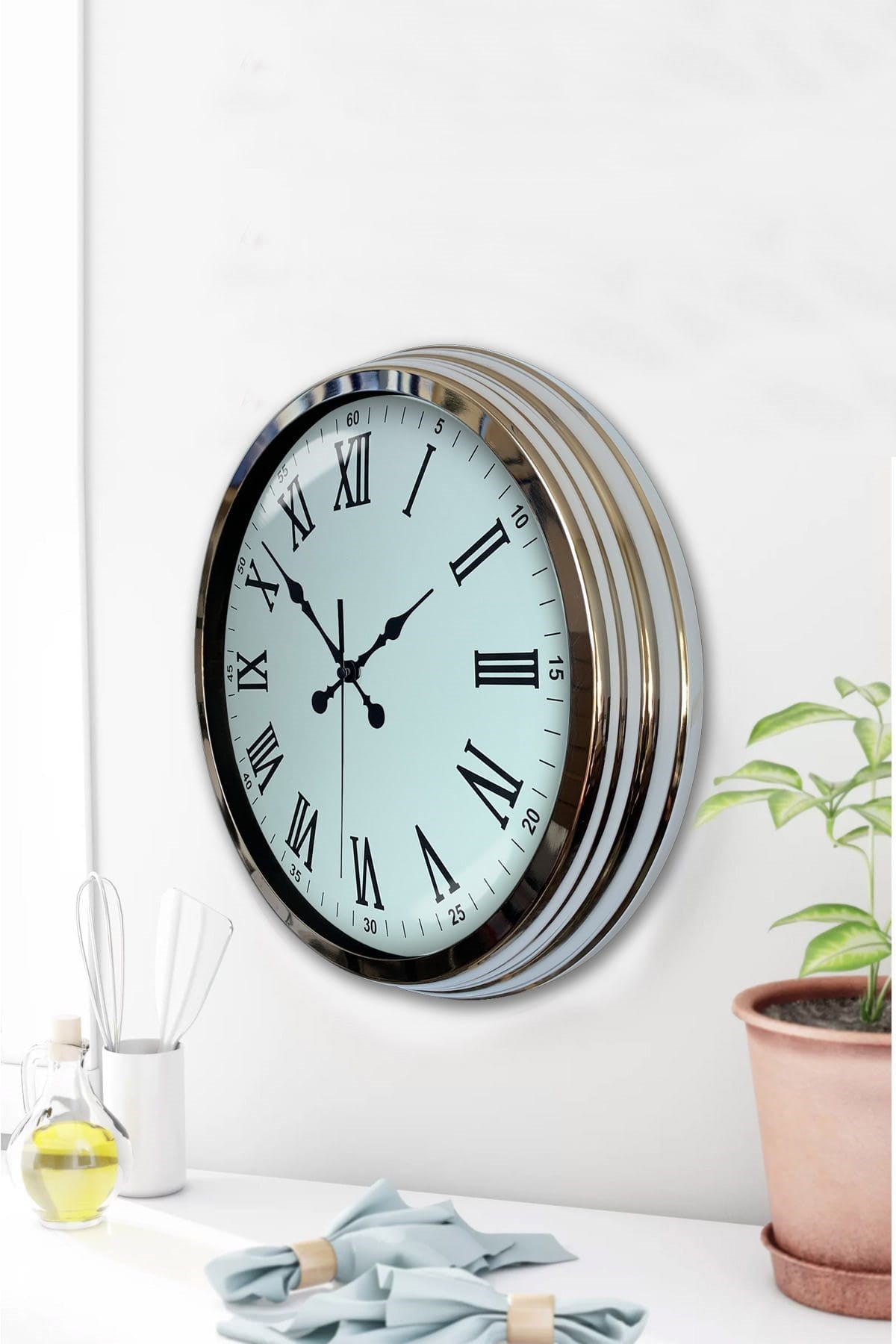 Zentime Krom Roma Rakamlı 40 Cm Metal Modern Duvar Saati