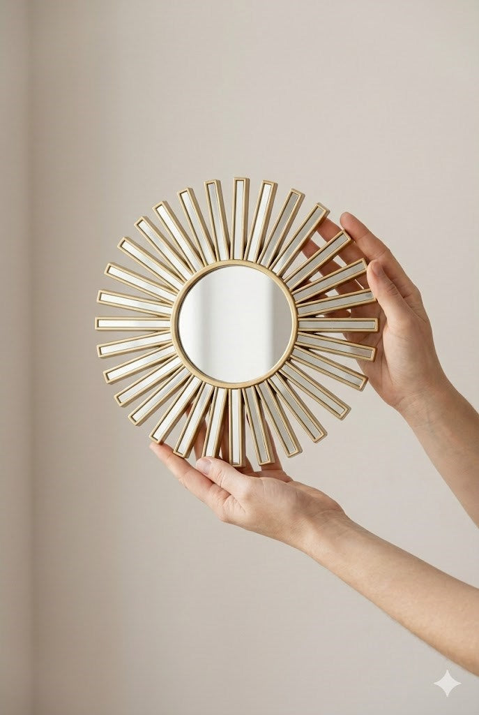 3 lü Gold Güneş Desenli Duvar Aynası Seti 27 cm | Dekoratif Yuvarlak Ayna