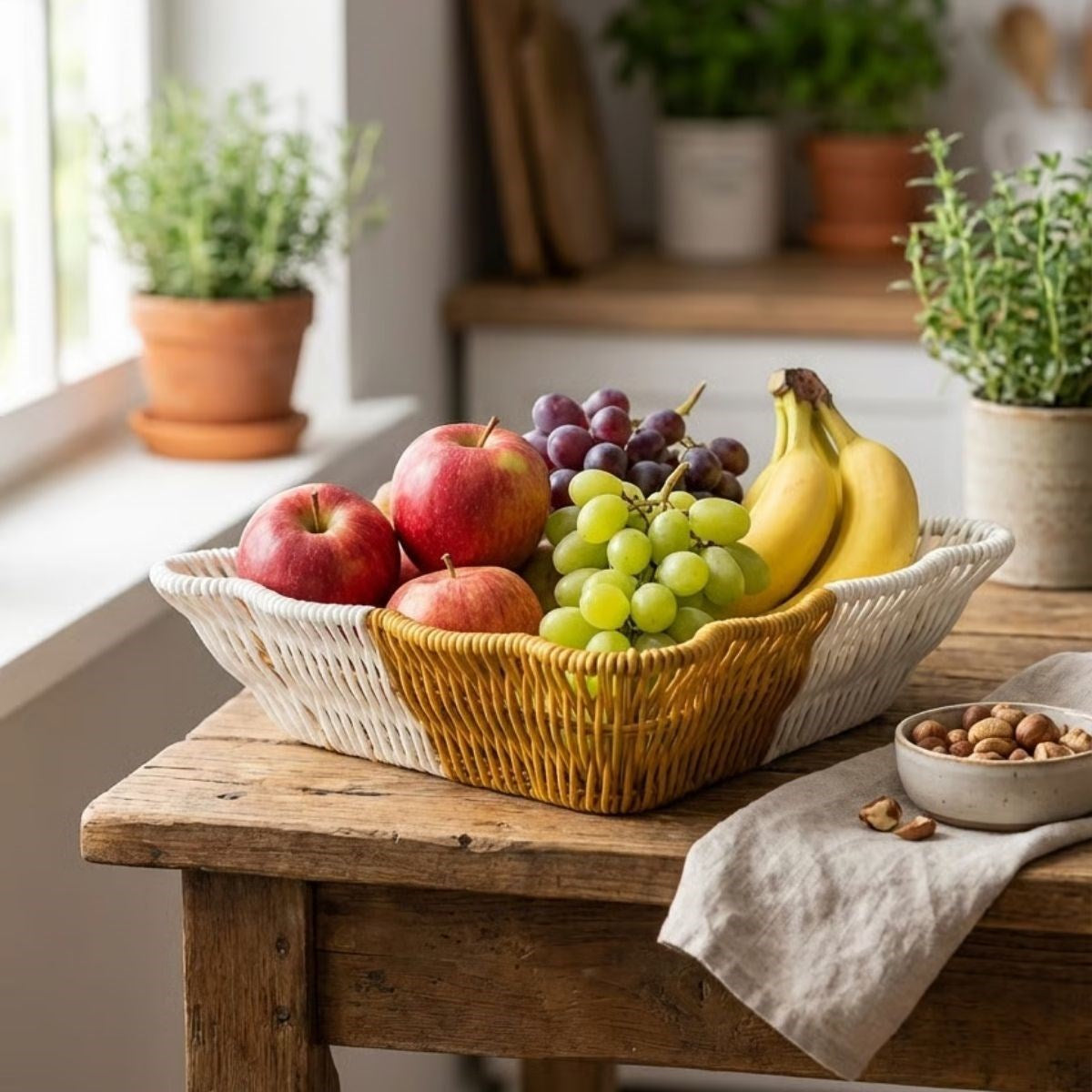 ANKAVERSE® Kare Dalgalı Çift Renkli Plastik Rattan Ekmek ve Meyve Sepeti - Çok Amaçlı Banyo ve Mutfak Düzenleyici - Yıkanabilir Tezgâh Üstü Organizer