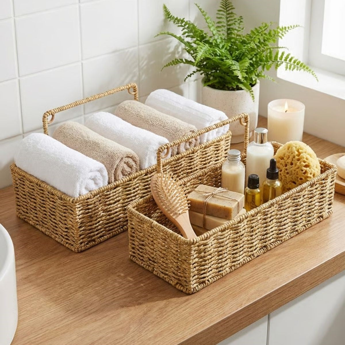 2’li Duvar Askılı Plastik Rattan Organizer – Dikdörtgen Hasır Görünümlü Mutfak Raf Sepeti, Banyo ve Ev İçi Düzenleme Ünitesi (5286)