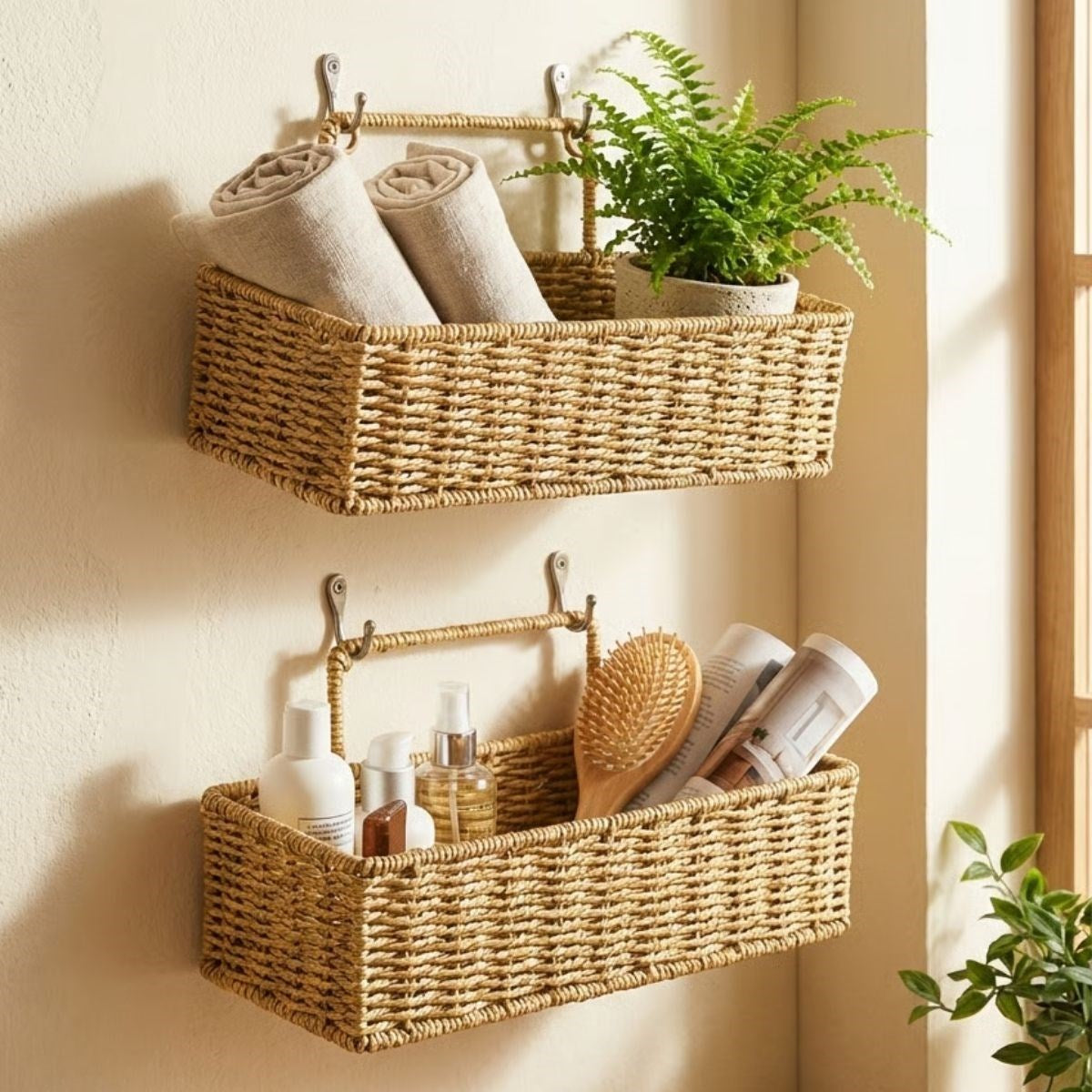 2’li Duvar Askılı Plastik Rattan Organizer – Dikdörtgen Hasır Görünümlü Mutfak Raf Sepeti, Banyo ve Ev İçi Düzenleme Ünitesi (5286)