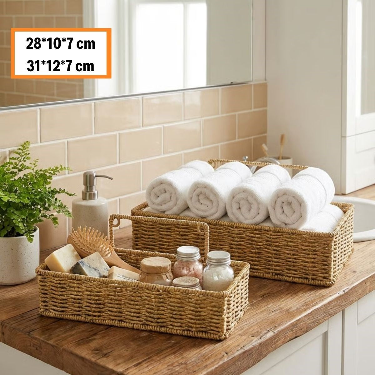 2’li Duvar Askılı Plastik Rattan Organizer – Dikdörtgen Hasır Görünümlü Mutfak Raf Sepeti, Banyo ve Ev İçi Düzenleme Ünitesi (5286)