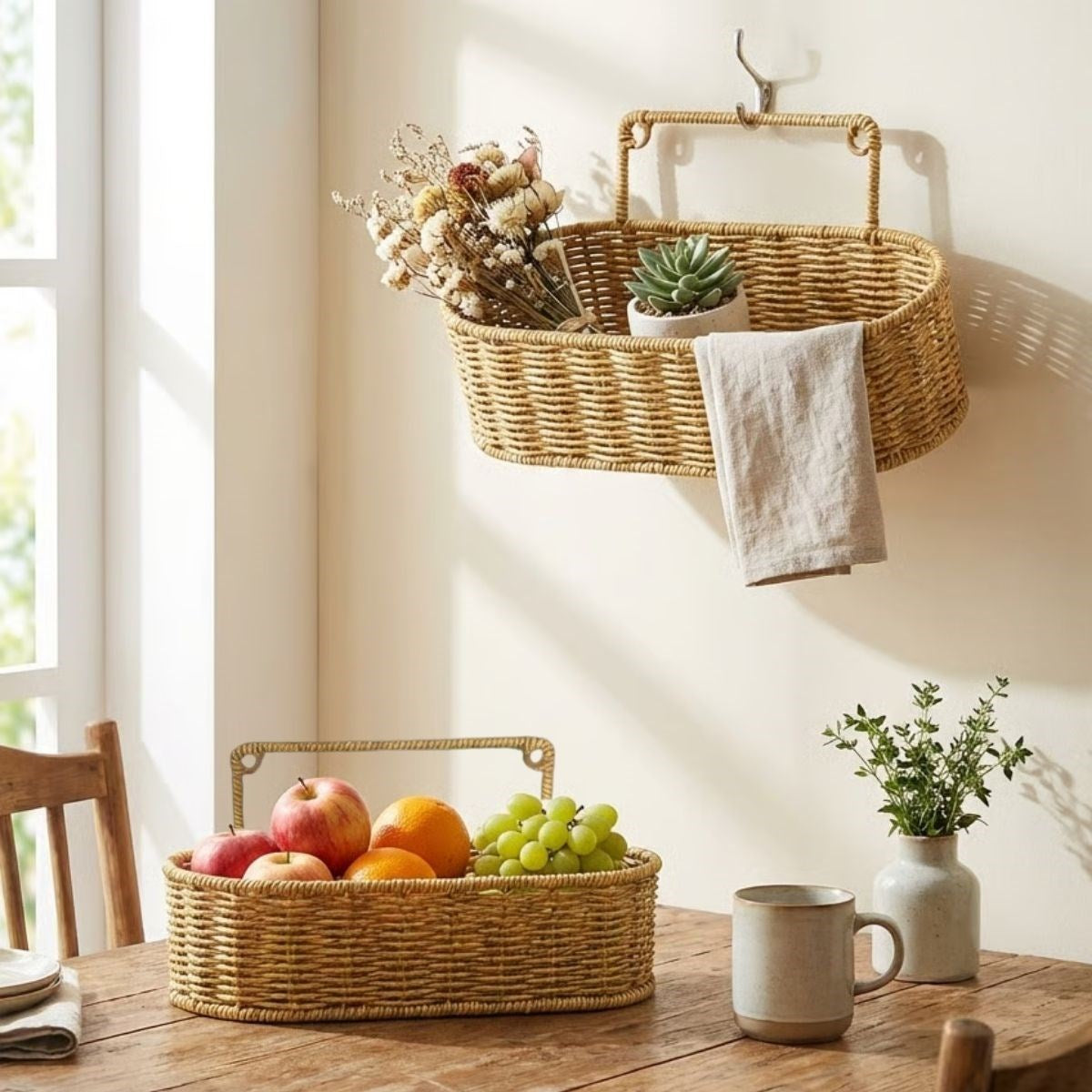 2’li Duvar Askılı Plastik Rattan Organizer – Oval Hasır Görünümlü Mutfak Raf Sepeti, Banyo ve Ev İçi Düzenleme Ünitesi (5286)