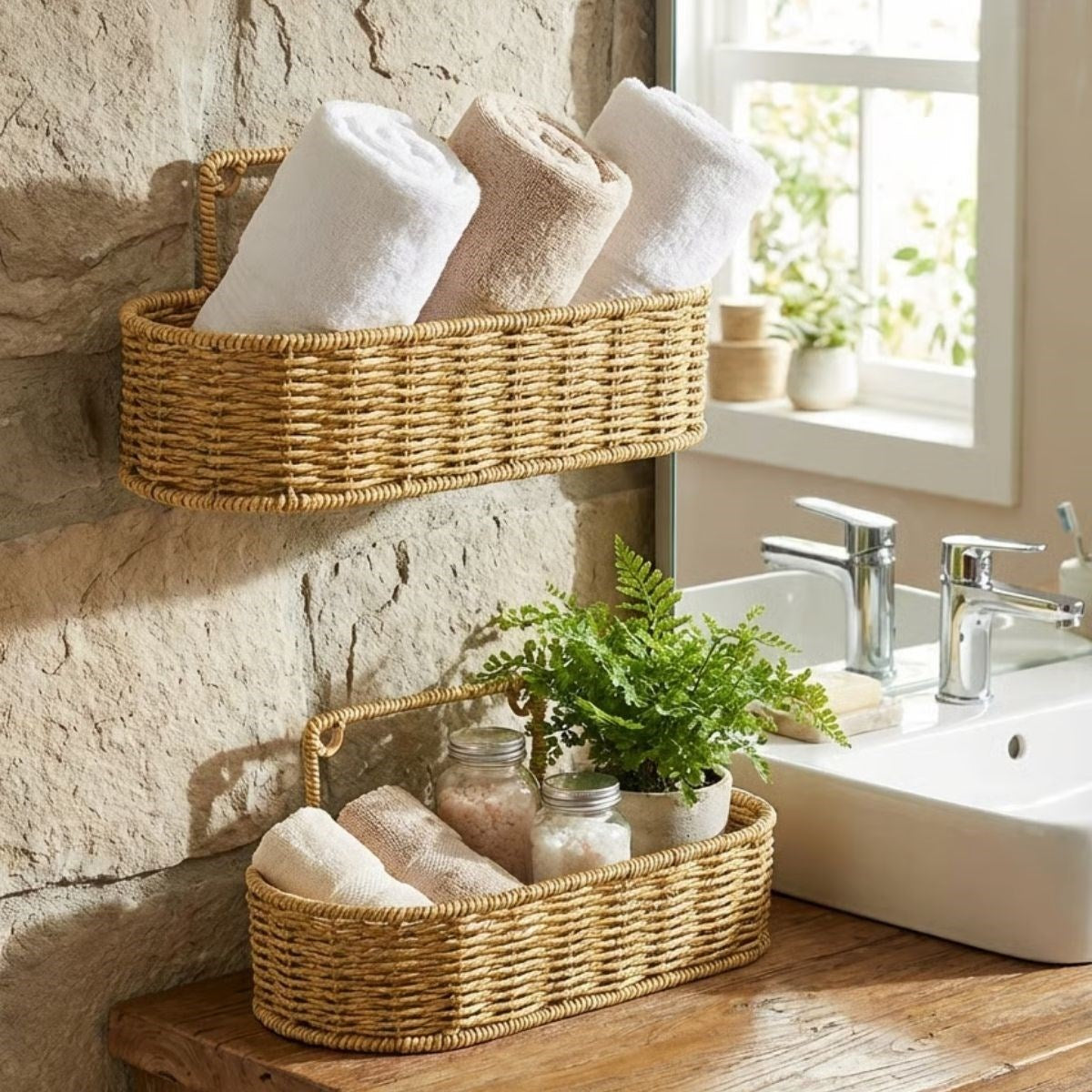 2’li Duvar Askılı Plastik Rattan Organizer – Oval Hasır Görünümlü Mutfak Raf Sepeti, Banyo ve Ev İçi Düzenleme Ünitesi (5286)