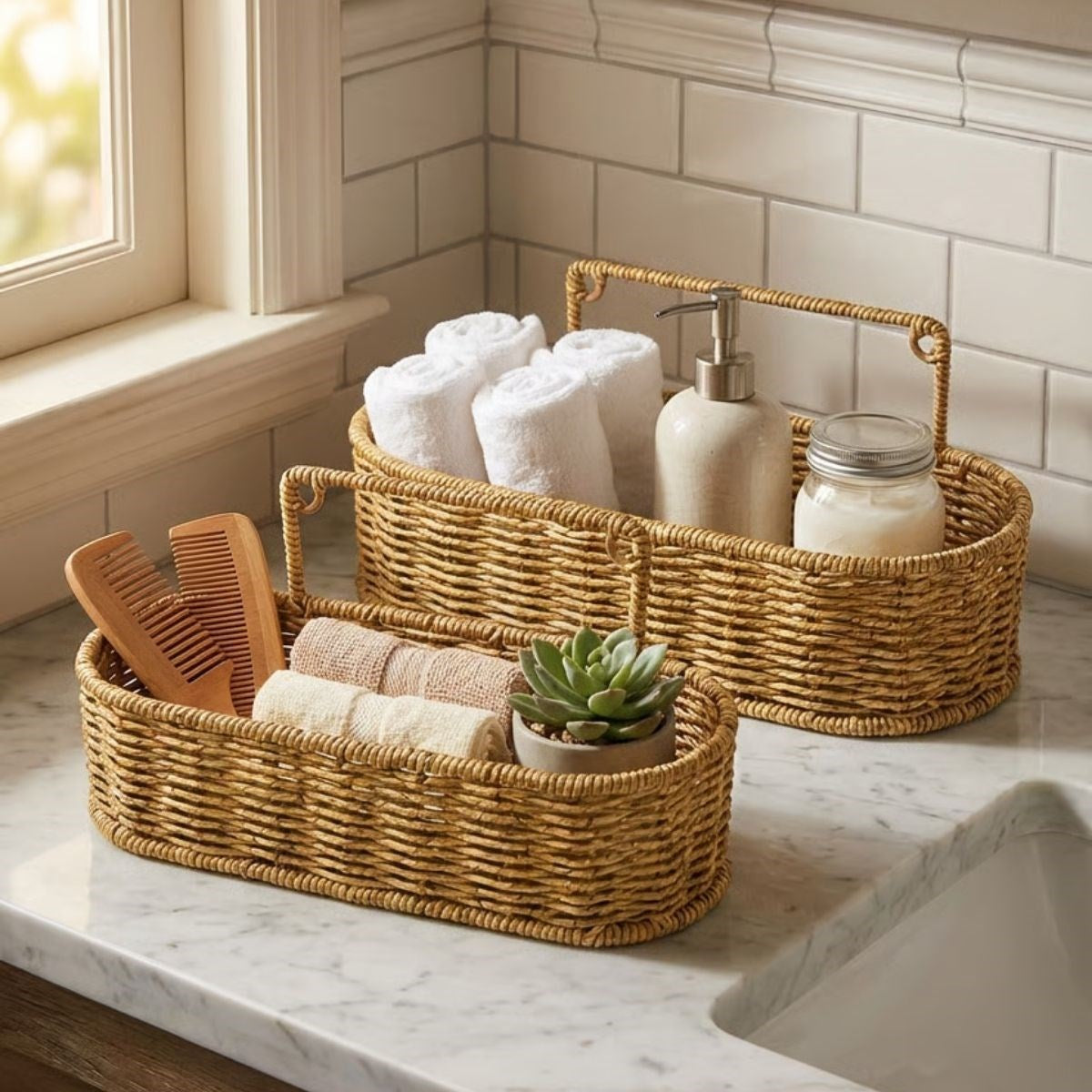 2’li Duvar Askılı Plastik Rattan Organizer – Oval Hasır Görünümlü Mutfak Raf Sepeti, Banyo ve Ev İçi Düzenleme Ünitesi (5286)