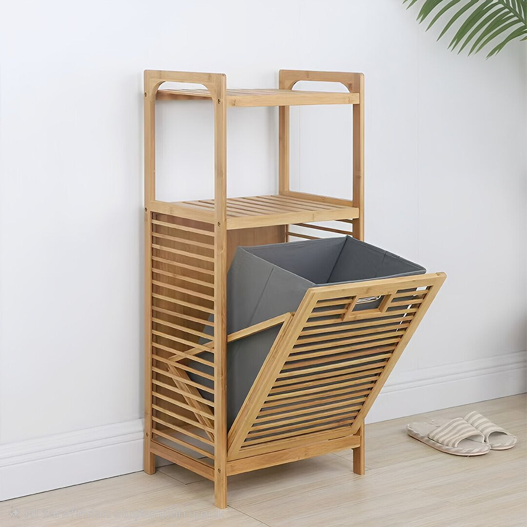 2 ORGANİZER RAFLI - ÇEK AÇ SEPET AHŞAP BAMBU KİRLİ ÇAMAŞIR SEPET 40X35X95CM (5286)