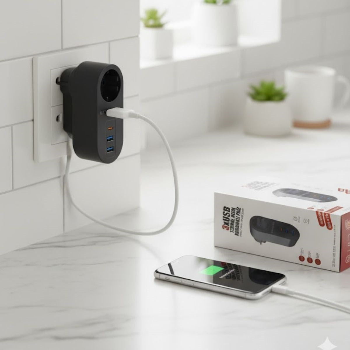 2 USB,1 TYPE-C Girişli 1'li Çocuk Korumalı,Isıya Karşı Dayanıklı 2500Watt Termal Akım Korumalı Priz (5286)