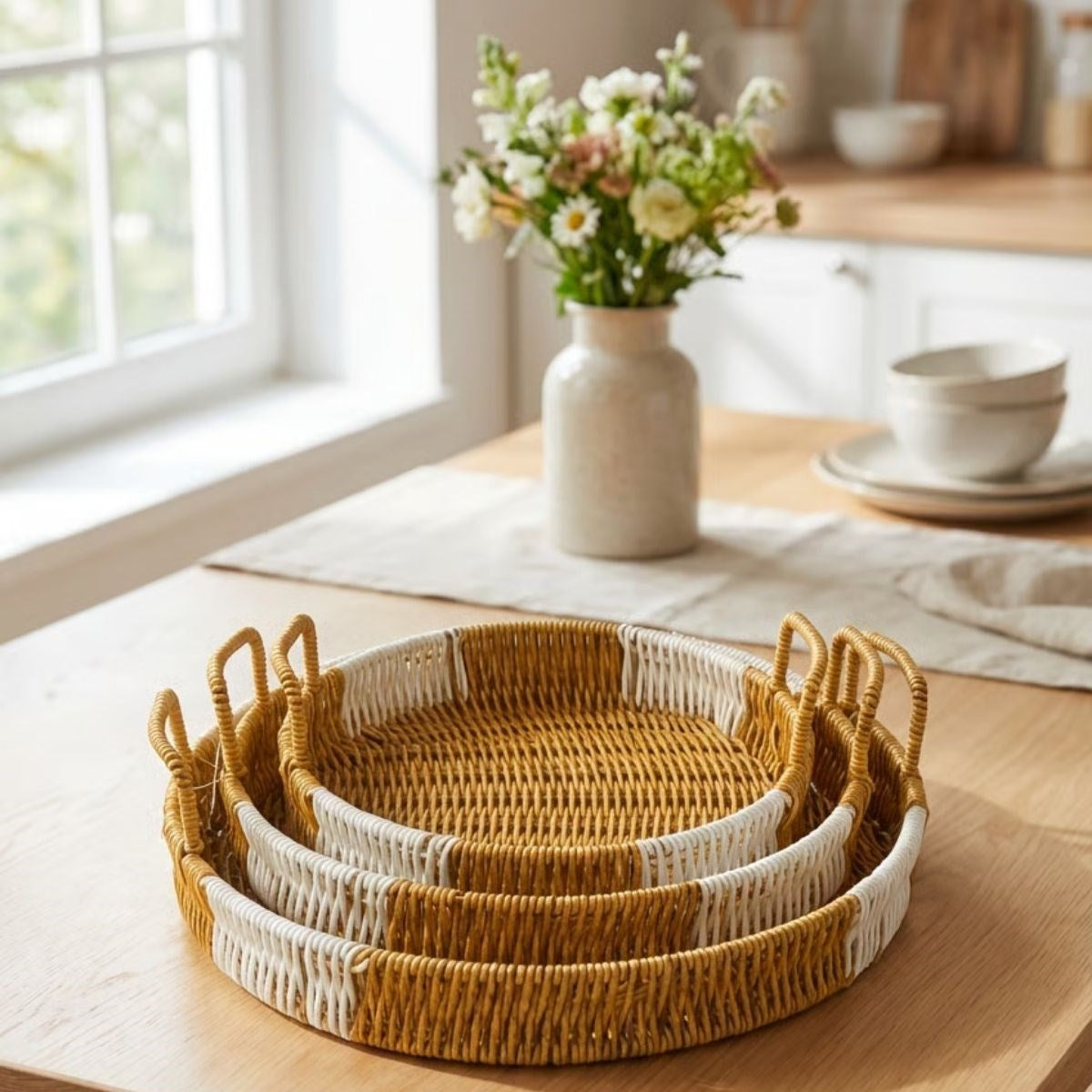 ANKAVERSE® İç İçe Geçebilen 3’lü Yuvarlak Plastik Rattan Tepsi Seti–Çift Renkli Hasır Görünümlü Çok Amaçlı Servis ve Sunum Tepsileri