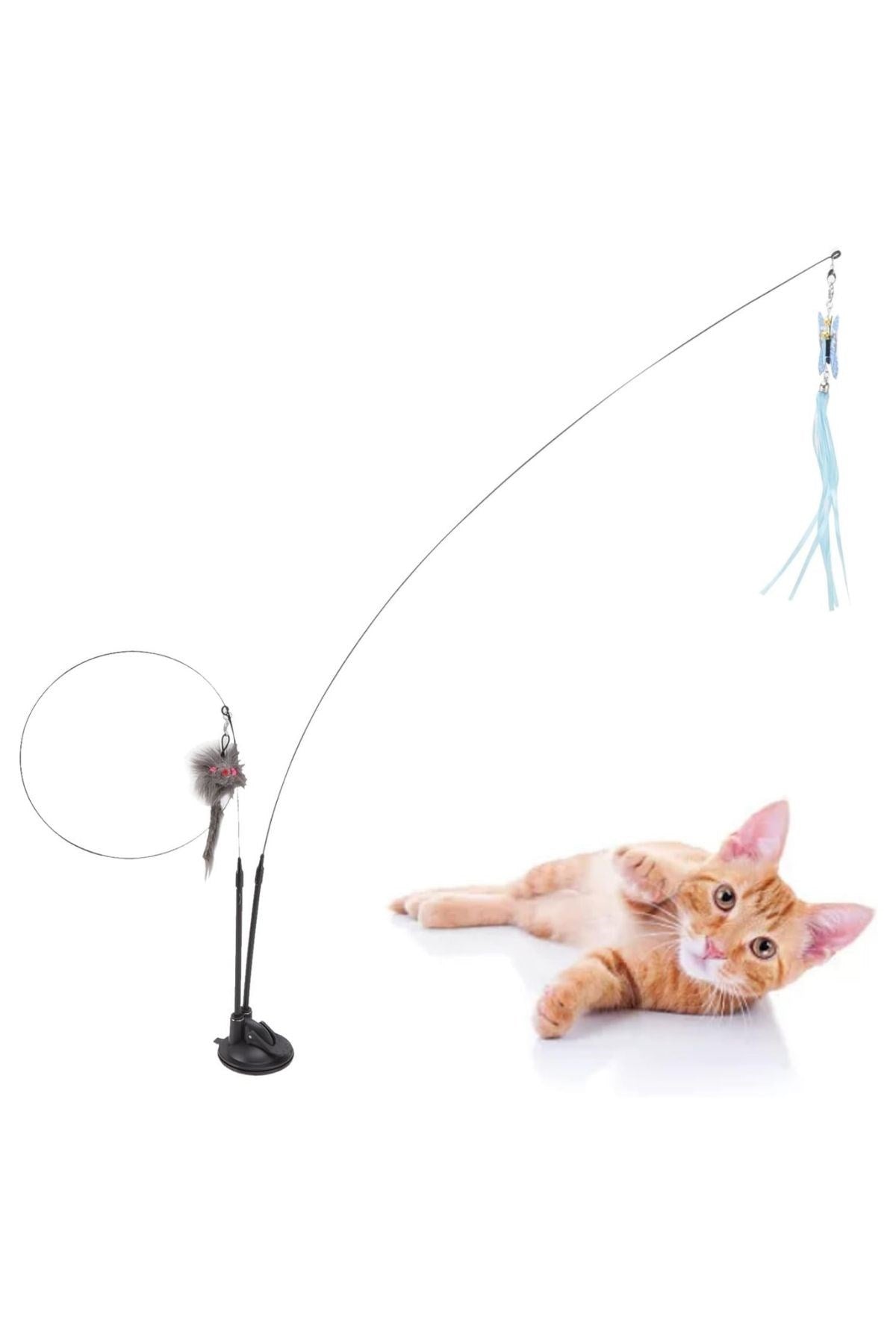 ANKAVERSE® Vantuzlu Tüylü Zilli Olta Kedi Oyuncağı 2 Oltalı