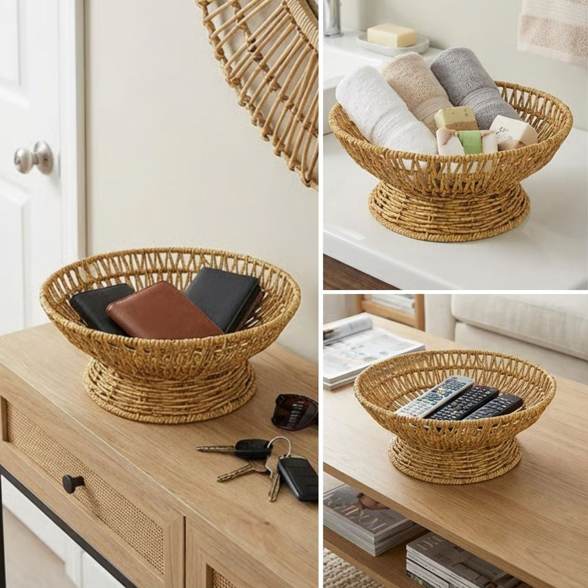 25 cm Plastik Rattan Servis Çanağı – Doğal Hasır Görünümlü Dekoratif Meyve, Ekmek ve Sunum Kasesi (5286)