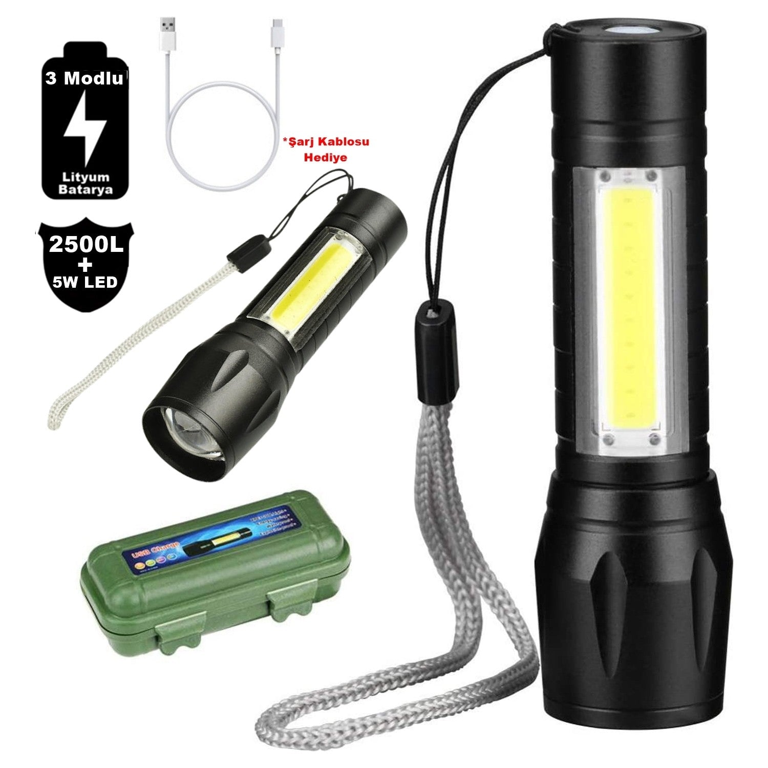 2500 Lumens + 5W COB LED USB Lion Şarjlı Ultra Güçlü Q5 XPE Su Geçirmez Şarjlı El Feneri (5286)