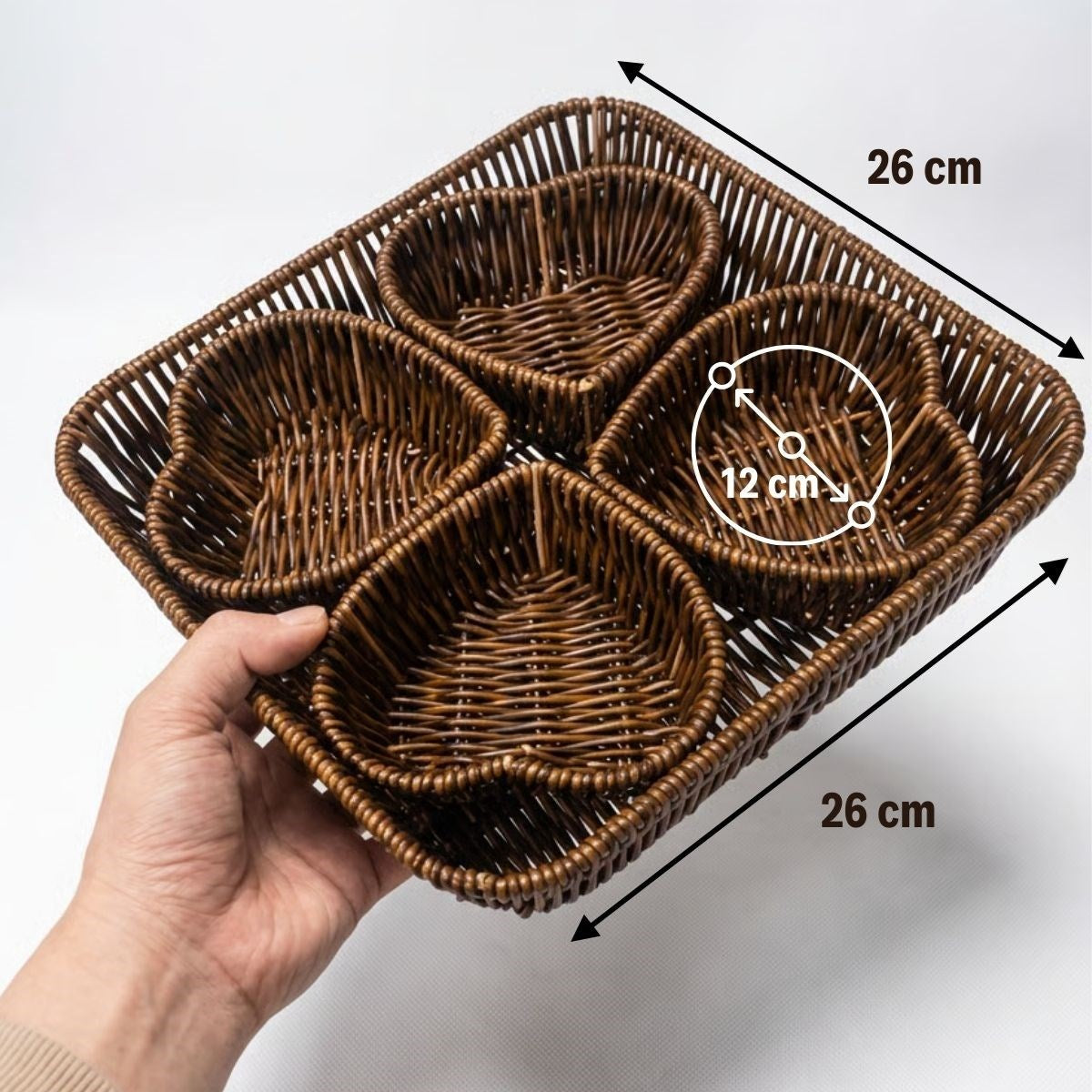 ANKAVERSE® 5 Parça,4 Kalp Formlu Plastik Rattan Sunum ve Kahvaltı Seti-Bölmeli Çerezlik ve Meyvelik-Doğal Hasır Görünümlü Tepsi ve Sunum Tabakları