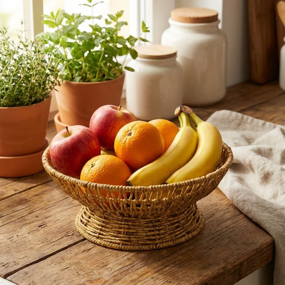 28 cm Plastik Rattan Servis Çanağı – Doğal Hasır Görünümlü Dekoratif Meyve, Ekmek ve Sunum Kasesi (5286)