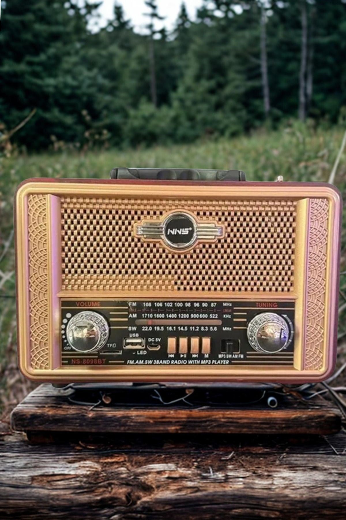 ANKAVERSE® Retro, Nostaljik, Ahşap Tasarım Bluetooth Hoparlörlü, Şarjlı, Taşınabilir Otantik Tasarımlı FM/AM Destekli Radyo NS8098