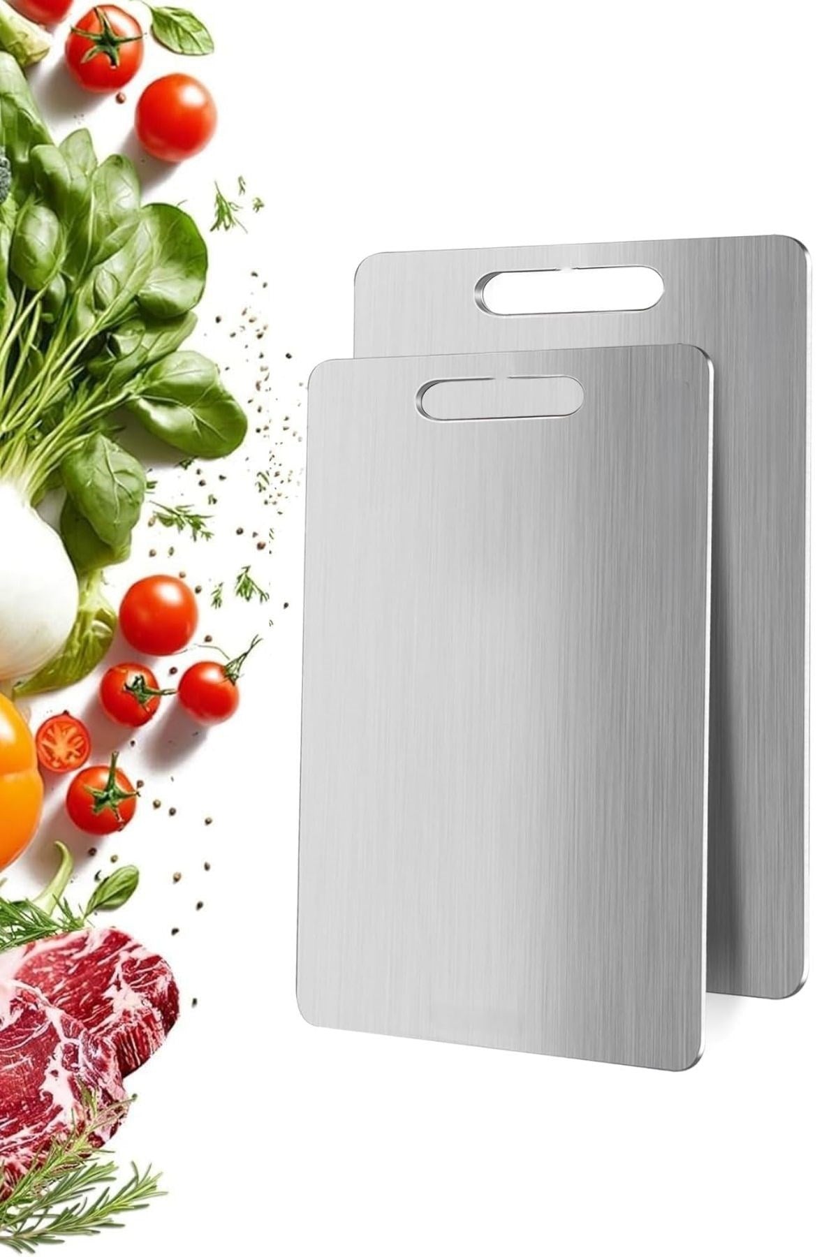 ANKAVERSE® 2 Boy Paslanmaz Çelik Leke Tutmaz,Kırılmaz,Antibakteriyel,Elde ve Bulaşık Makinesinde Yıkanabilen Meyve,Sebze,Et,Tavuk Kesim Panosu