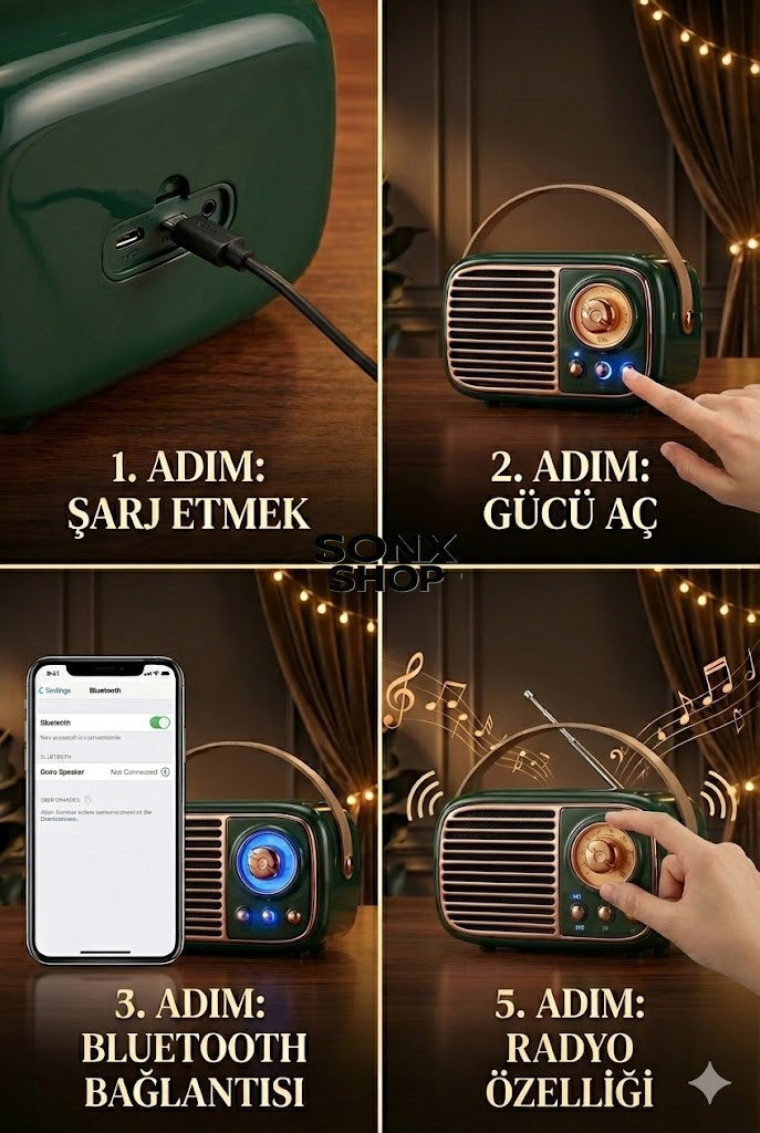 SONX Nostaljik Retro Bluetooth  - FM Radyo, USB ve Bluetooth Kablosuz Hoparlör