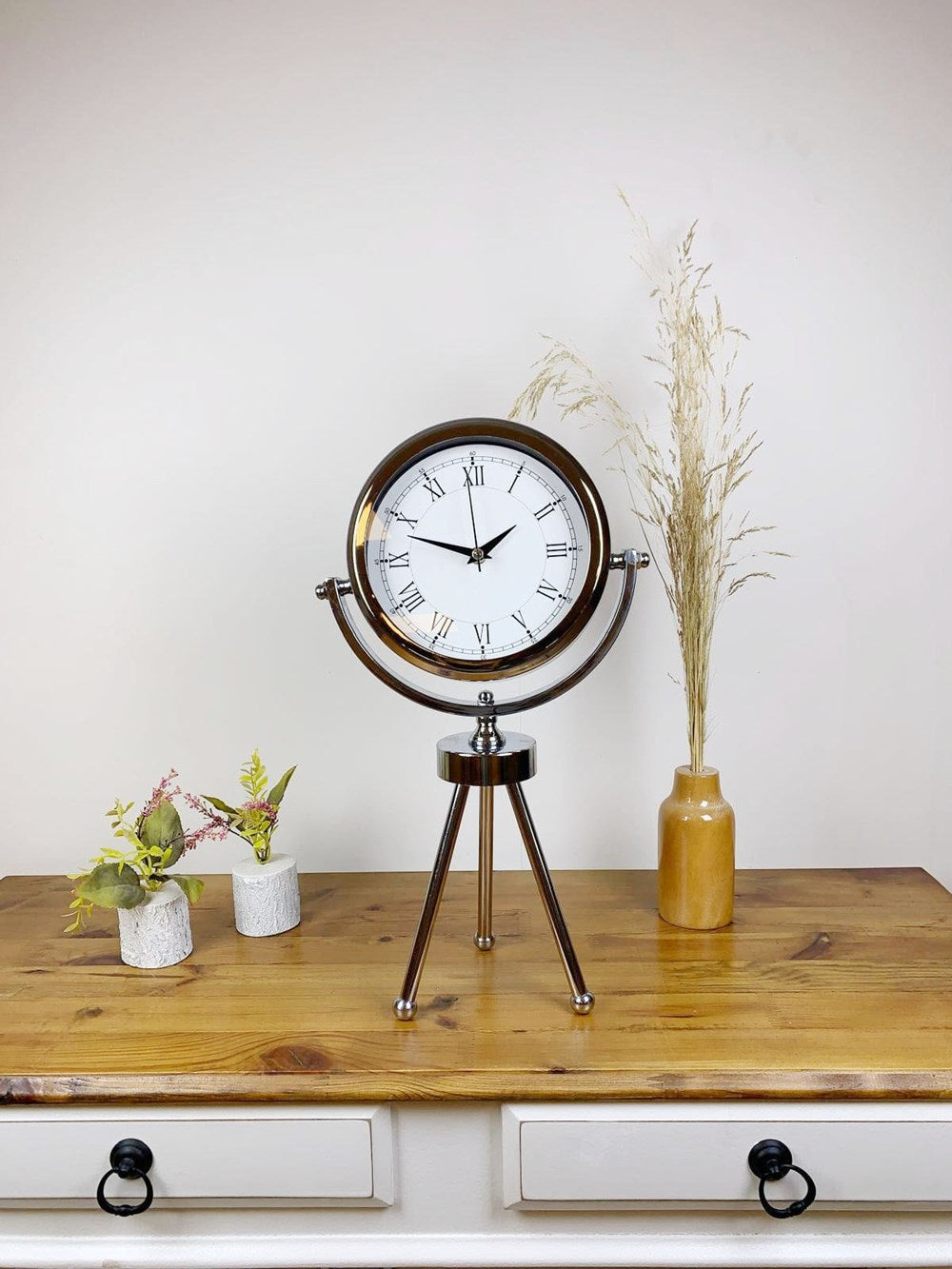Krom Metal Mini Tripod Retro Masa Saati 45×26 cm